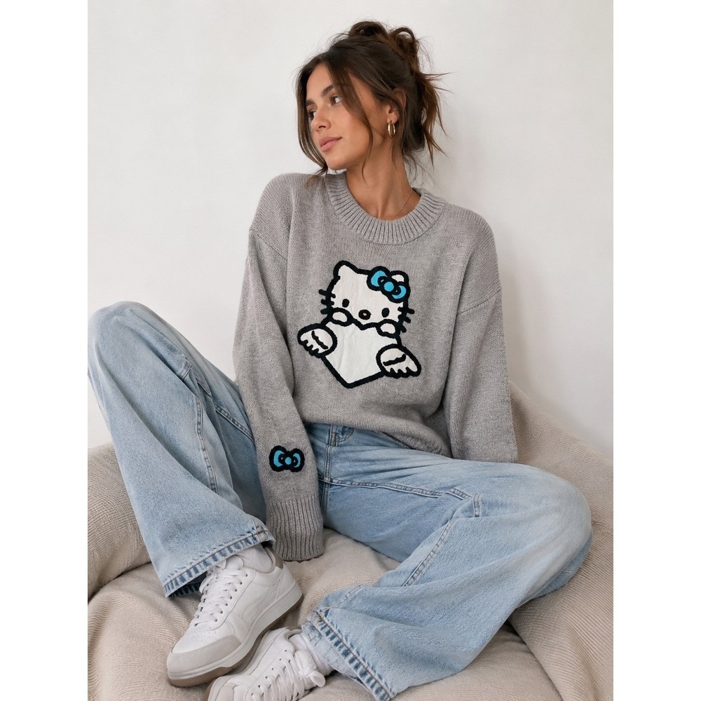 Forever 21 Sanrio Hello Kitty Angel Gray Knit Sweater Medium Blue Bow Sleeve